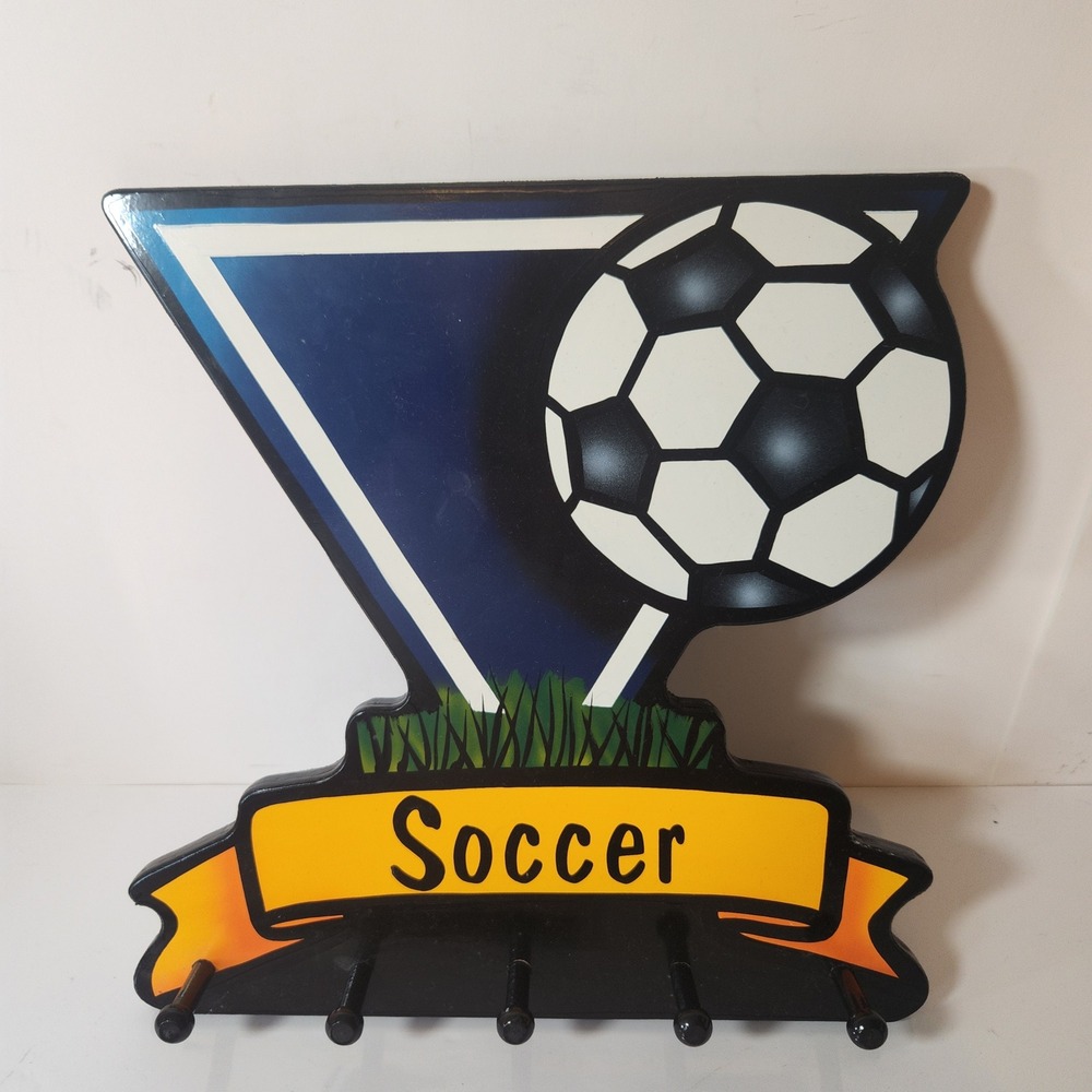 Creative Outlet Wood Soccer‎ Medal Hanger Wall Plaque Trophy Key Rack 5 Pegs